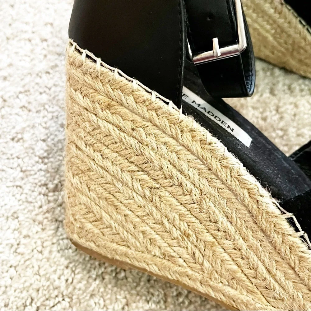 Steve Madden Josey Black Wedges Women Size 9.5 Espadrille Sandals Ankle Strap